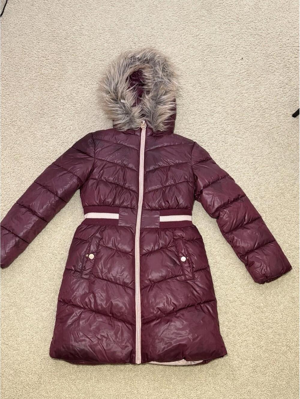 Michael Michael Kors Girls Puffer Coat Size 4 Burgundy Faux Fur Hood